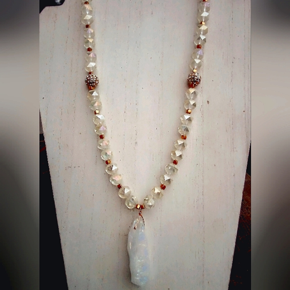 Blinged  Boho Iridescent Crystal rock pendant necklace with glass beads OAK.